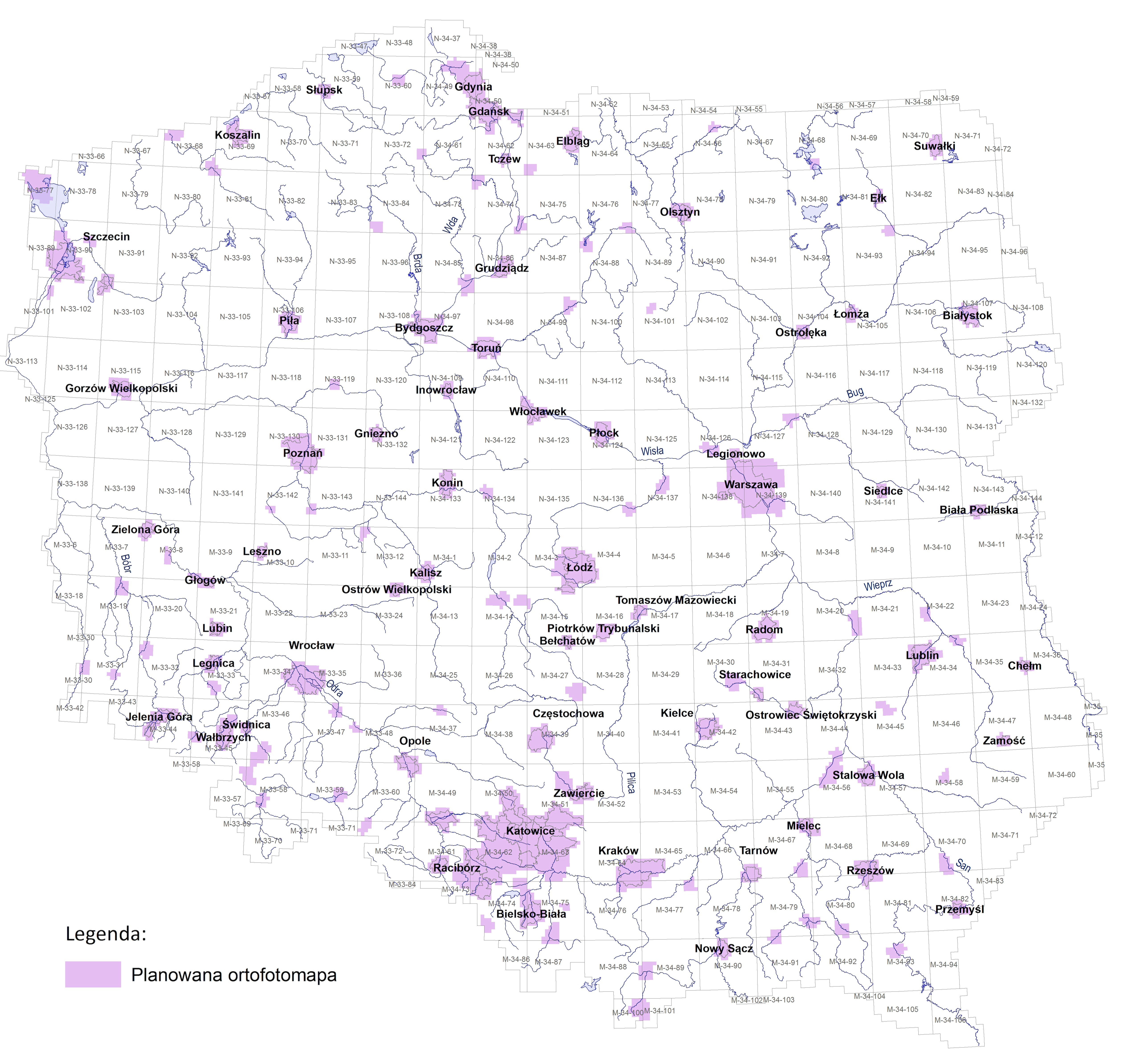 Mapa Polski przedsatwiająca zasięg ortofotomap wtykonanych w ramach projektu ISOK i GBDOT. Zaznaczenie kolorem fioletowym.