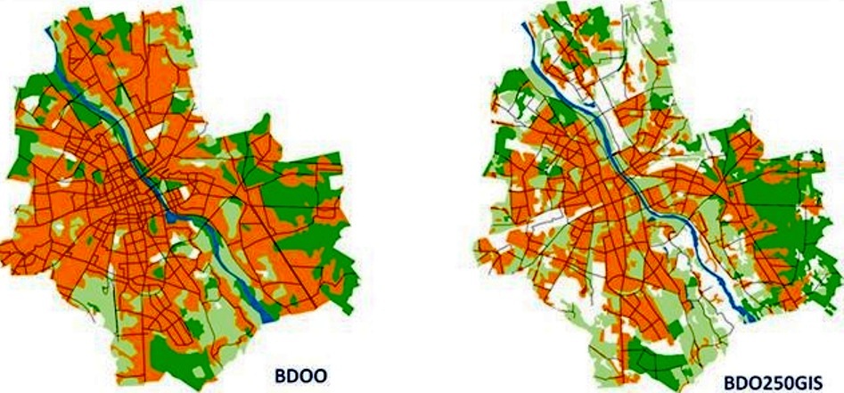 Na przykładzie wycinka mapy Warszawy pokazana została większa szczegółowość informacji prezentowanych w BDO250GIS (po prawej stronie) w stosunku do bazy BDO