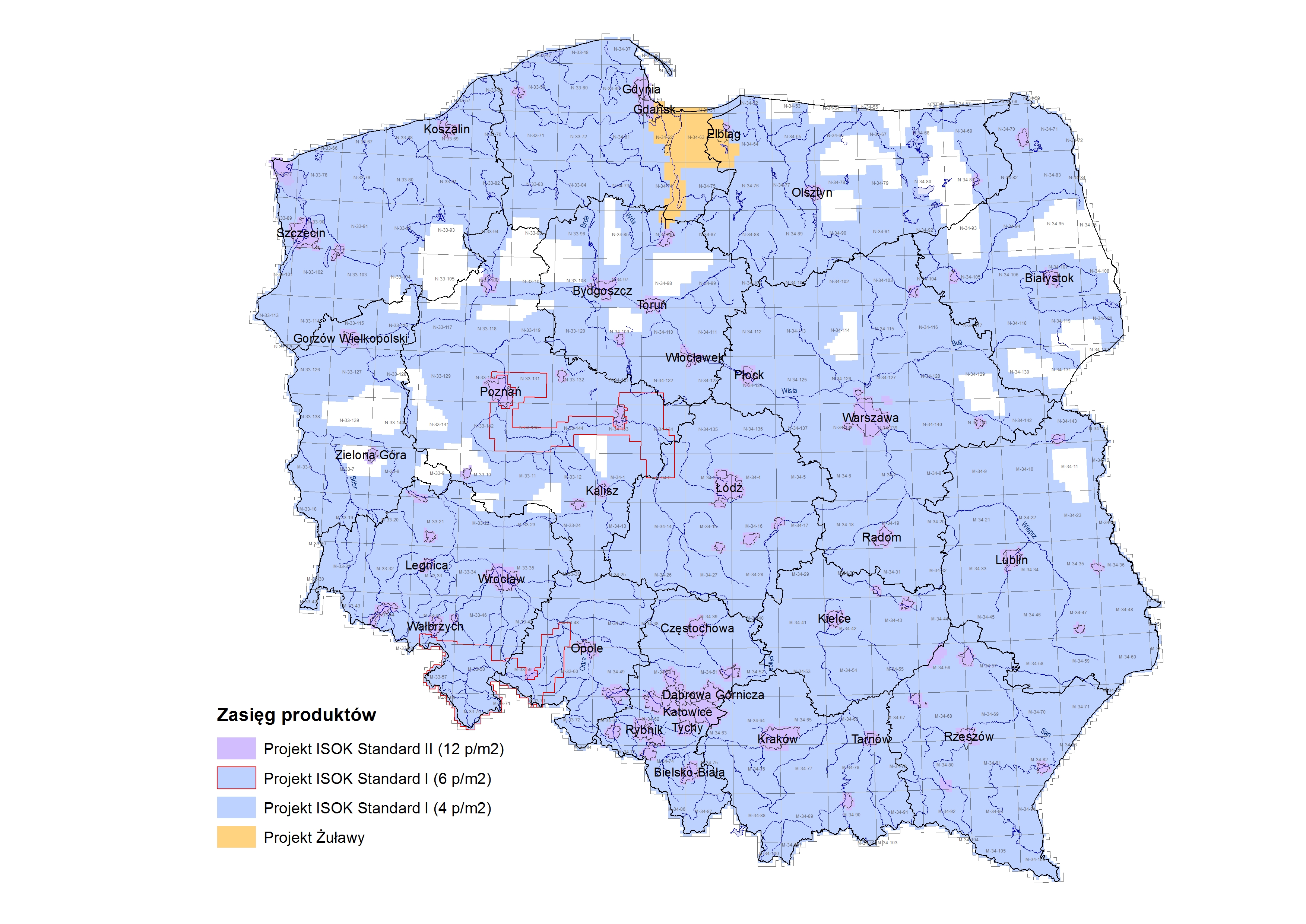 Mapa Polski w odcieniach kolorów niebieskiego i fioletowego prezentująca obszary ndla których dostępne są dane zgromadzone w ramach Projektu ISOK