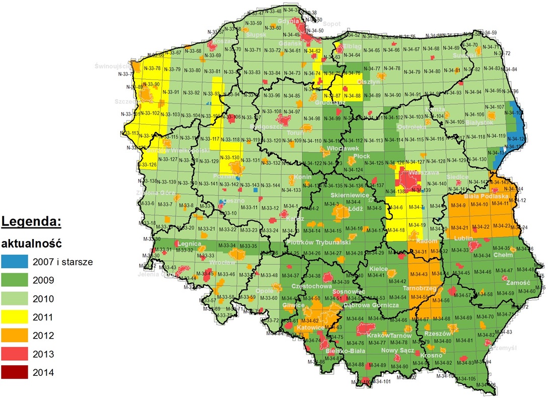 Aktualność ortofotomap w PZGiK – stan na marzec 2015 r. (źródło: CODGiK). Kolory: niebeski 2007 i starsze, ciemno zielony 2009, jasno zielony 2010, żółty 2011, pomarańczowy 2012, rózówy 2013, bordowy 2014